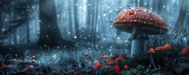 Wall Mural - Enigmatic amanita muscaria mushroom in mystical forest, 4K hyperrealistic photo