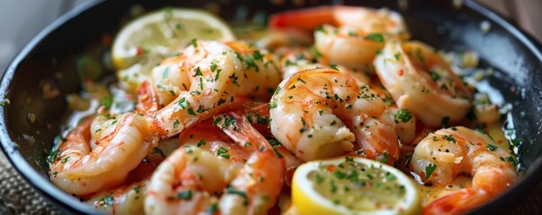 Lemon garlic shrimp scampi, 4K hyperrealistic photo