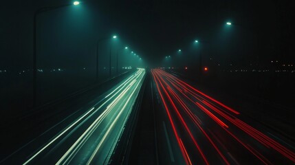 Aufkleber - A night scene of a motorway illuminated by streetlights, with the red and white streaks of car lights creating a dynamic pattern against the darkened surroundings.