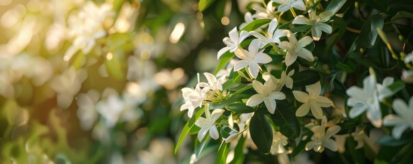 Wall Mural - Fragrant jasmine bush in garden setting, 4K hyperrealistic photo