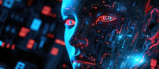 Aufkleber - 3D illustration featuring computer chips on a digital backdrop accompanied by a facial design