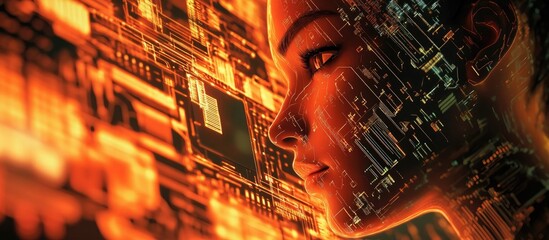 Aufkleber - 3D illustration featuring computer chips on a digital backdrop accompanied by a facial design