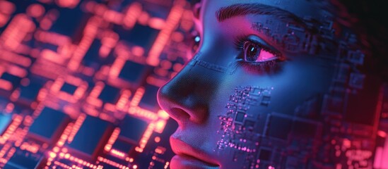Aufkleber - 3D illustration featuring computer chips on a digital backdrop accompanied by a facial design