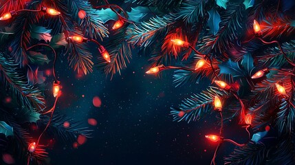 This image features a branch adorned with bright red festive lights, set against a starry night background, conveying a warm holiday atmosphere and festive spirit.