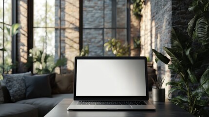 Poster - A 3D render of a blank laptop screen in a modern living room