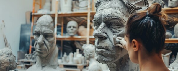 Artist sculpting a clay figure in a studio, 4K hyperrealistic photo