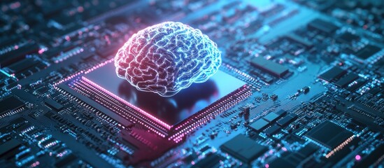 Poster - 3D illustration of a CPU integrated with an AI brain against a blue backdrop