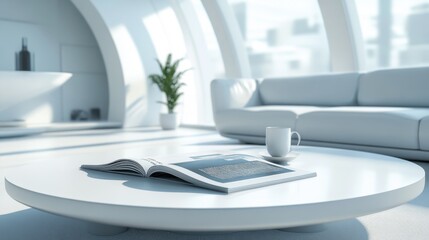Poster - A 3D render of a blank magazine cover on a futuristic coffee table