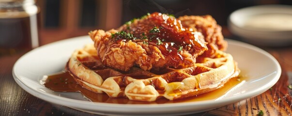 Wall Mural - Chicken and waffles with maple syrup, 4K hyperrealistic photo