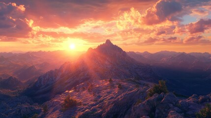 Poster - A panoramic view of the sun rising above a rugged mountain peak, with vibrant orange and pink hues painting the sky and the rugged terrain bathed in the warm morning light.