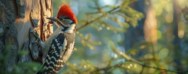 Busy woodpecker pecking insects from bark, 4K hyperrealistic photo