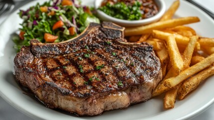 Canvas Print - A perfectly cooked ribeye steak with a juicy, medium-rare center and a beautifully seared crust, presented on a white plate with a side of crispy fries and a fresh salad.