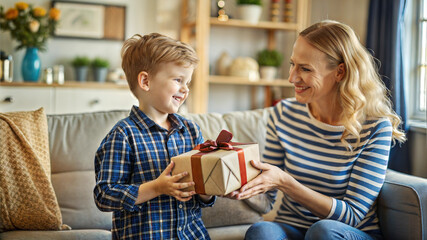 Wall Mural - happy mother and son with gift box sitting on sofa in living room at home