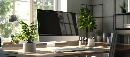Poster - 3D illustration of a computer monitor on a desk in a modern office setting showcasing a professional workspace