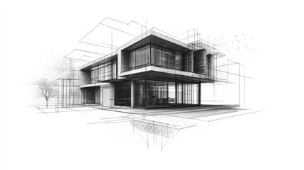 Poster - 3D illustration of a conceptual sketch showcasing house building architecture