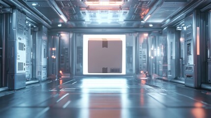 Poster - A 3D render of a blank packaging box floating in a futuristic room