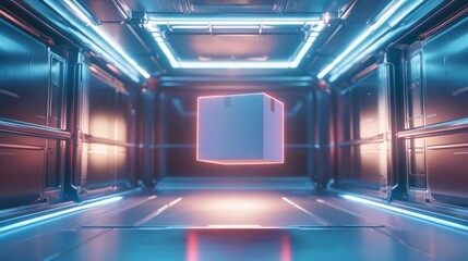 Poster - A 3D render of a blank packaging box floating in a futuristic room