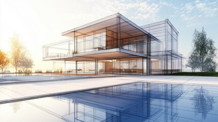 Poster - 3D illustration of a contemporary residential architectural design sketch
