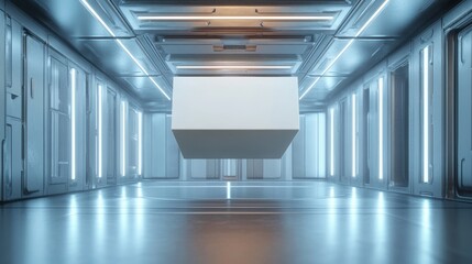 Poster - A 3D render of a blank packaging box floating in a futuristic room