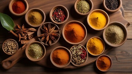 exotic spices in bowls on rustic table

