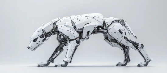 Poster - 3D illustration of a cyber dog in a defensive stance against a white background captured from a side view