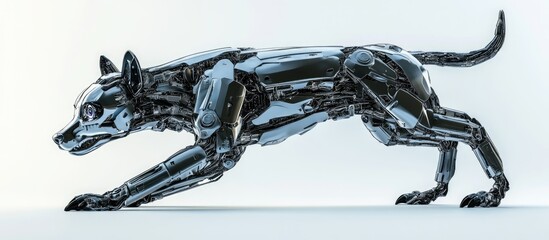 Poster - 3D illustration of a cyber dog in a defensive stance against a white background captured from a side view
