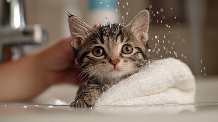 Poster - A playful kitten being gently bathed by its owner in a sink, with water droplets glistening on its fur and a towel ready for after-bath cuddles.