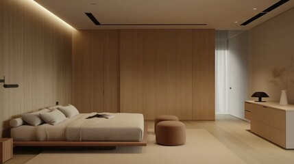 Wall Mural - Minimalist Japanese Bedroom with Warm Wood Accents and Soft Lighting. Wood accents, and soft lighting.