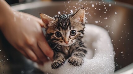 Poster - A playful kitten being gently bathed by its owner in a sink, with water droplets glistening on its fur and a towel ready for after-bath cuddles.