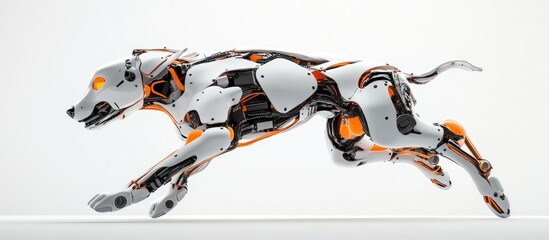 Wall Mural - 3d illustration of a cyber dog landing after flight against a white background