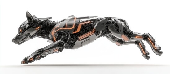 Wall Mural - 3d illustration of a cyber dog landing after flight against a white background