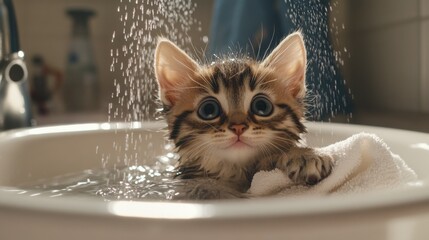 Poster - A playful kitten being gently bathed by its owner in a sink, with water droplets glistening on its fur and a towel ready for after-bath cuddles.