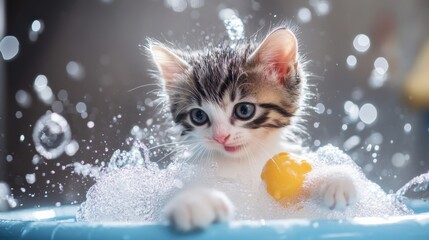 Poster - A playful kitten splashing in a small tub filled with warm water and bubbles, with a few bath toys and a splash of water creating a fun, lively scene.