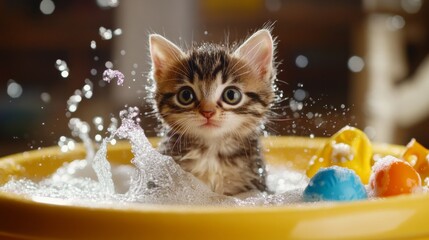 Poster - A playful kitten splashing in a small tub filled with warm water and bubbles, with a few bath toys and a splash of water creating a fun, lively scene.