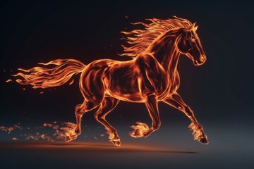 Fiery Galloping Horse with Glowing Flames on Black Background.