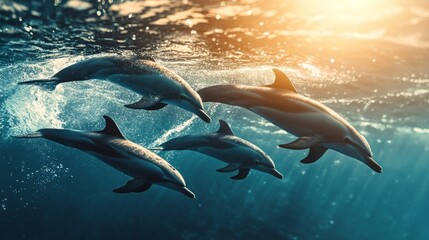 Poster - A pod of dolphins swimming together in a coordinated group, with their sleek bodies cutting through the water and the ocean surface sparkling in the sunlight.