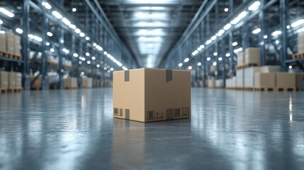 Poster - A 3D render of a blank product box in a high-tech warehouse