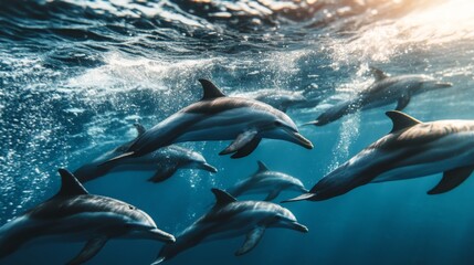 Poster - A pod of dolphins swimming together in a coordinated group, with their sleek bodies cutting through the water and the ocean surface sparkling in the sunlight.