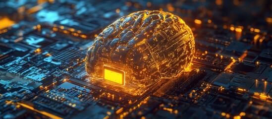 Poster - 3D illustration of a cybernetic brain depicting an electronic card within digital cyberspace illustrating the concept of machine learning and data storage