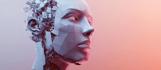 3D illustration of a cyborg head with a polygonal design Concept of artificial intelligence and advanced technology in human like structures