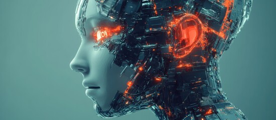 Poster - 3D illustration of a cyborg head with a polygonal design Concept of artificial intelligence and advanced technology in human like structures