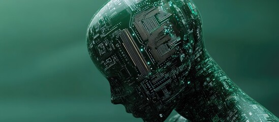 Poster - 3D illustration of a dark green skeleton figure with a computer circuit board design covering its head representing an artificial intelligence concept