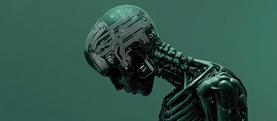 Poster - 3D illustration of a dark green skeleton figure with a computer circuit board design covering its head representing an artificial intelligence concept