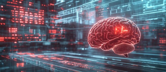 Poster - 3D illustration of a digital brain and human brain showcasing technological and biological aspects