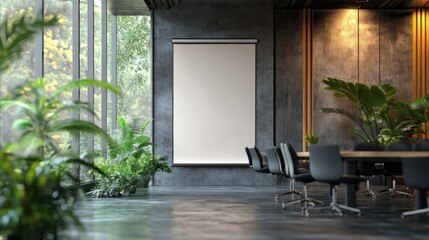 Poster - A 3D render of a blank roll-up banner in a modern conference hall