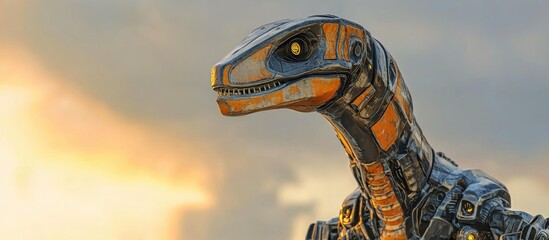 Poster - 3D illustration of a dinosaur raptor robot gazing upwards