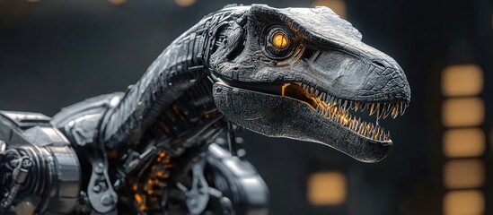 Poster - 3D illustration of a dinosaur raptor robot gazing upwards