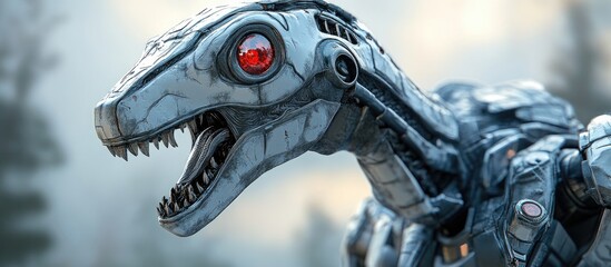 Poster - 3D illustration of a dinosaur raptor robot gazing upwards