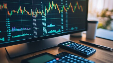 Fototapete - A scene showing multiple financial graphs and charts on a computer screen, with a calculator and pen placed beside, ready for in-depth banking and financial analysis.