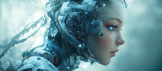 Poster - 3D illustration of a female android integrated with a computer core embodying a futuristic and serene essence